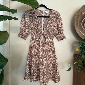 Seed Heritage Brown and Cream Ruffled Puff Sleeve Midi Dress